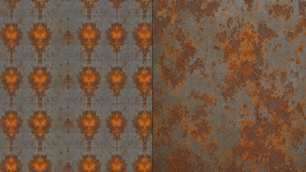 Side-by-side rusted metal comparison — left half shows an obvious repeating grid with a bold rust bloom tiling regularly, right half tiles cleanly with naturally varied corrosion