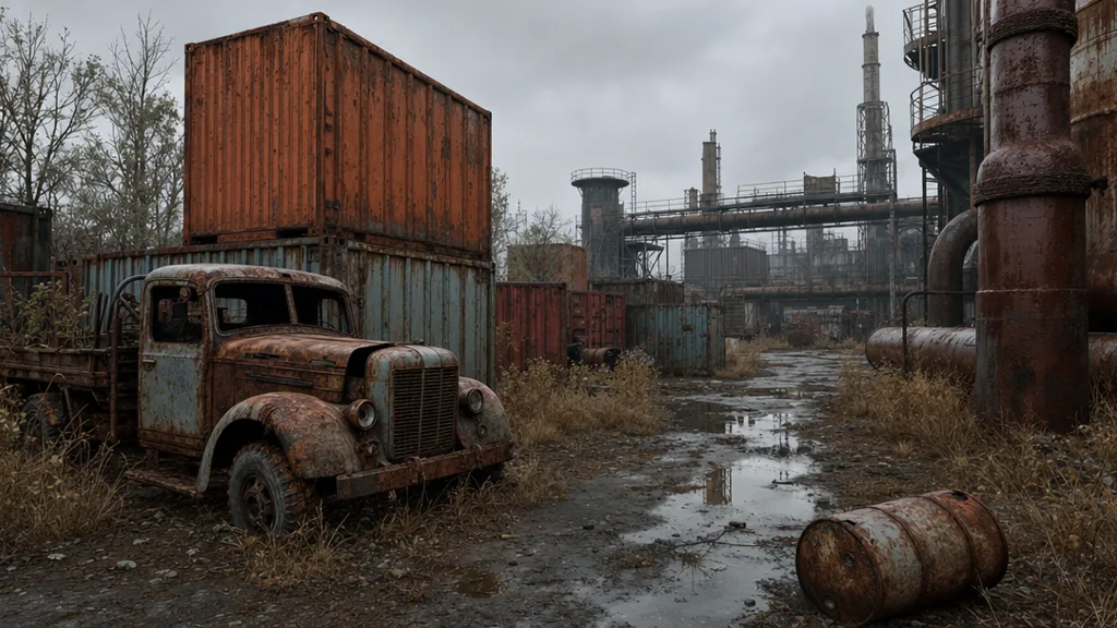 A moody post-apocalyptic game environment of an abandoned industrial yard with rusted shipping containers, corroded pipes, and a rusted truck under overcast light