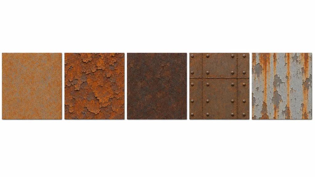 A row of five seamless rust material swatches — light surface rust, heavy orange flaking rust, dark old rust, rusted riveted plate, and rust streaks on painted metal