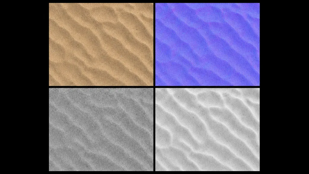 Four PBR texture maps for a rippled sand surface arranged in a grid — tan base colour, purple-blue normal showing grain and ripples, greyscale roughness, and ambient occlusion