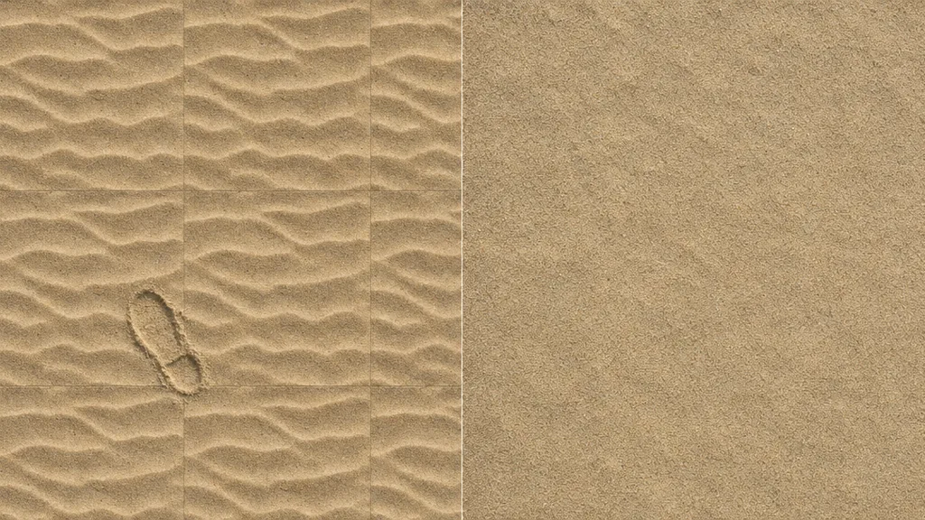 Side-by-side sand comparison — left half shows an obvious repeating grid with a tell-tale footprint and bold ripple tiling regularly, right half tiles cleanly with even grain