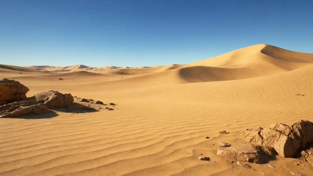 A game environment of a sunlit desert with rolling sand dunes, soft wind ripples, and scattered rocks under a clear blue sky