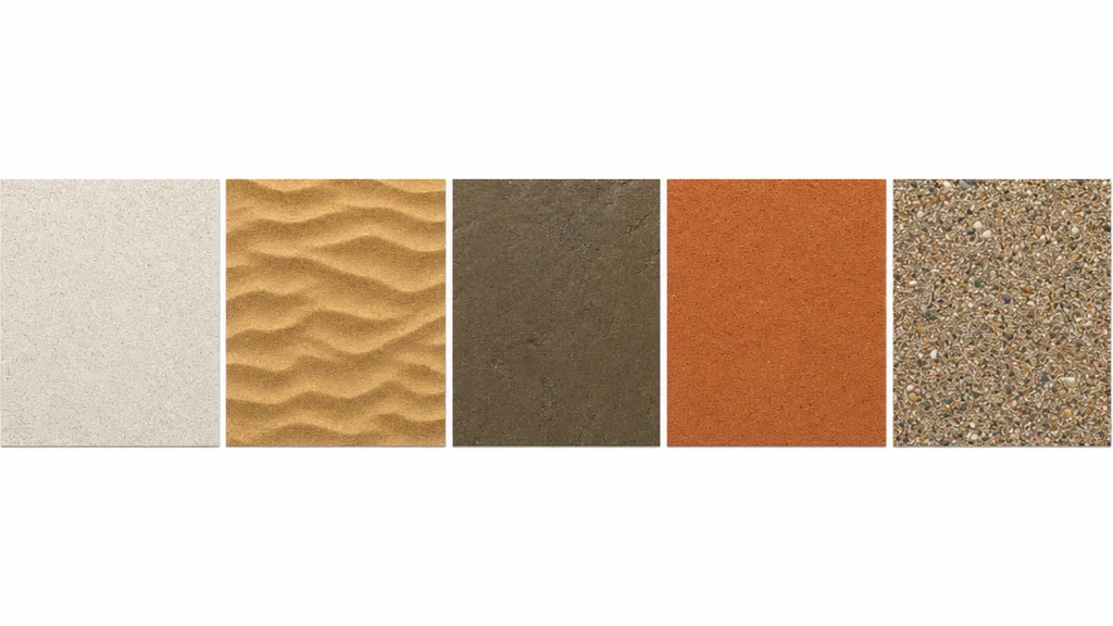 A row of five seamless sand material swatches — fine white beach sand, golden desert dune sand, wet packed beach sand, red Sahara sand, and coarse gravelly sand
