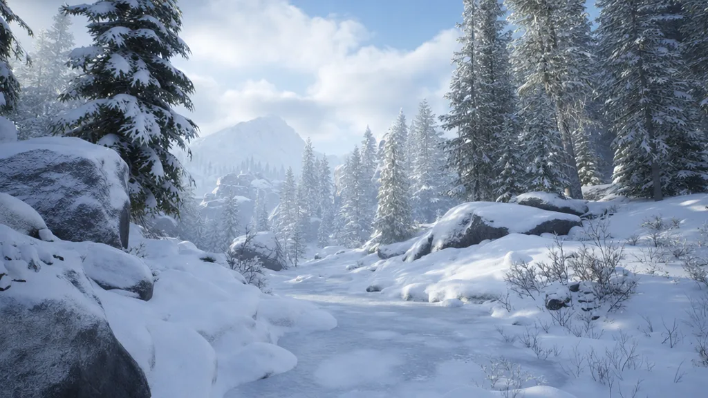 A game environment of a serene snowy forest clearing with deep snow drifts, snow-laden pine trees, and a frozen path under soft winter light