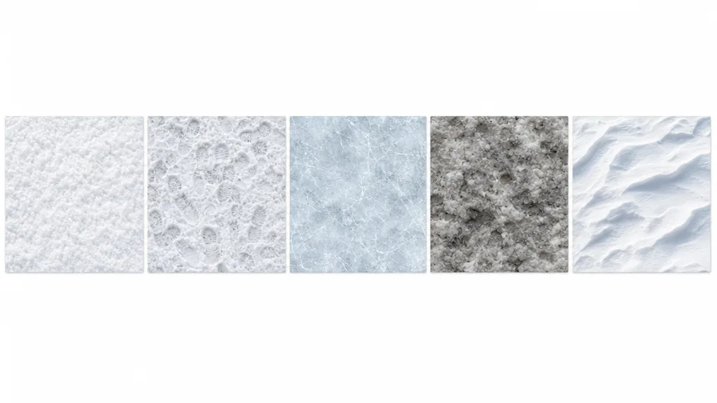A row of five seamless snow material swatches — fresh white powder, packed footprinted snow, glossy blue ice, dirty grey slush, and deep drifted snow