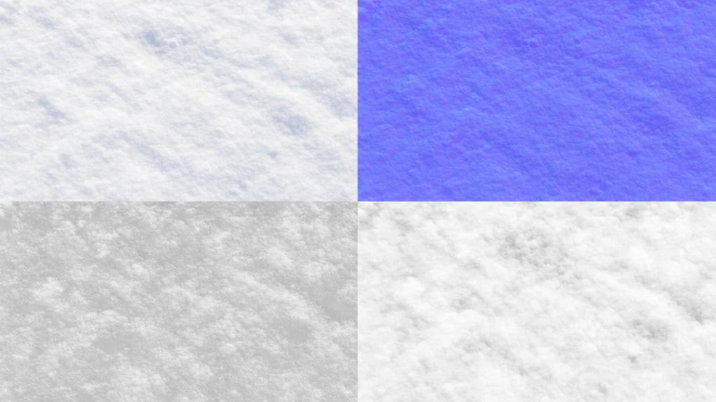 Four PBR texture maps for a soft snow surface arranged in a grid — near-white base colour, purple-blue normal showing micro-surface and drifts, greyscale roughness, and ambient occlusion