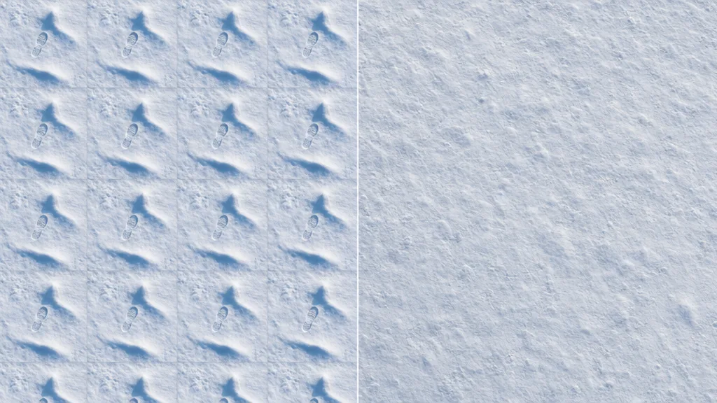 Side-by-side snow comparison — left half shows an obvious repeating grid with a tell-tale footprint and bold drift tiling regularly, right half tiles cleanly with even soft snow