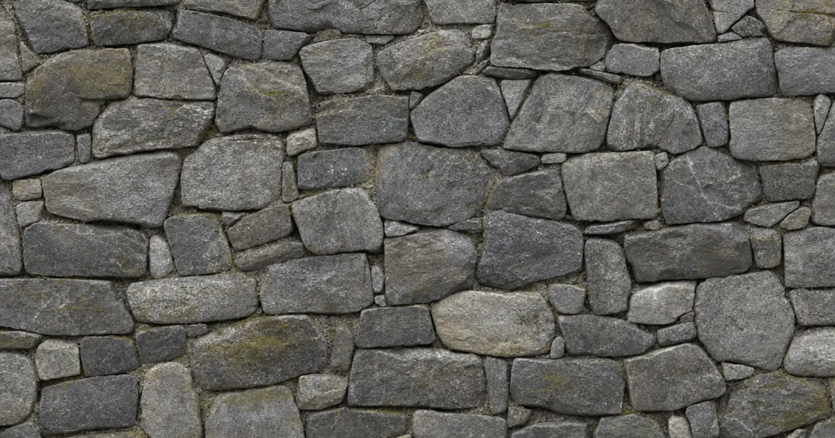 Photorealistic 3D render of a natural stone wall of stacked grey rock tiled seamlessly across a large surface with raking light and no visible repeating features