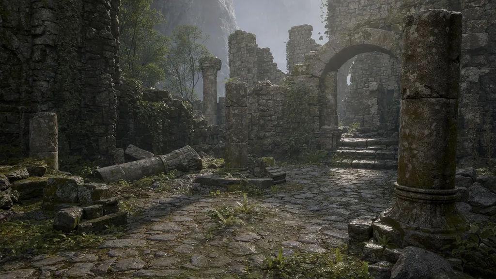 Atmospheric game environment of ancient stone ruins with weathered stacked-stone walls, mossy cobblestone ground, and broken pillars under misty light