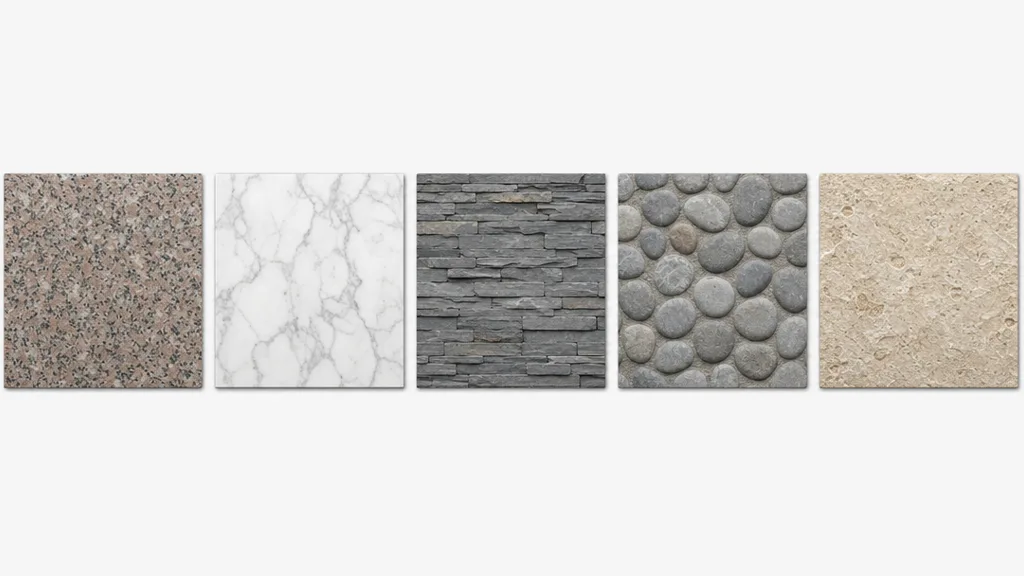 A row of five seamless stone material swatches — polished granite, white marble, stacked grey slate, rounded cobblestone, and rough limestone