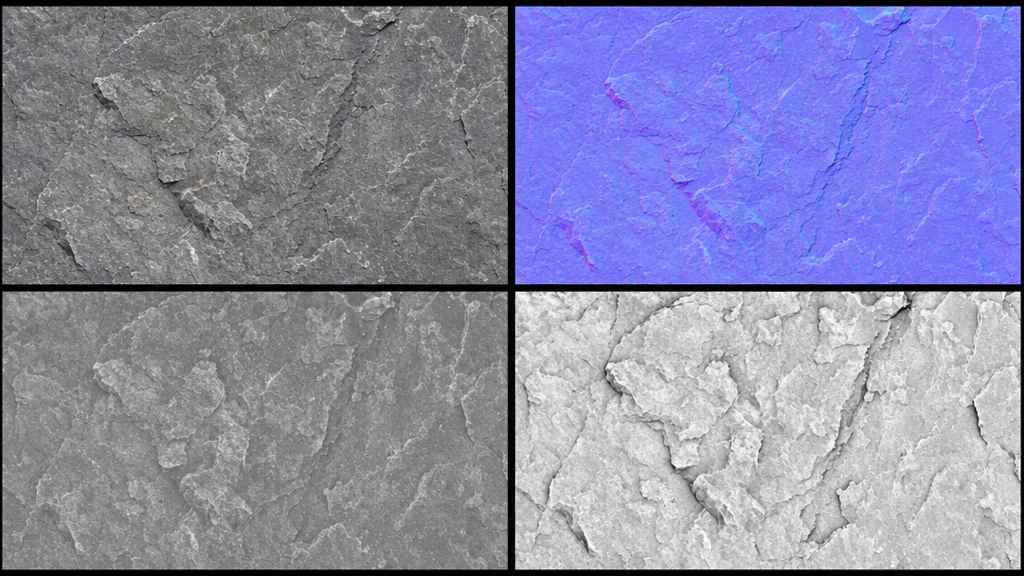 Four PBR texture maps for a grey stone surface arranged in a grid — base colour, purple-blue normal, greyscale roughness, and ambient occlusion with dark crevice shadows
