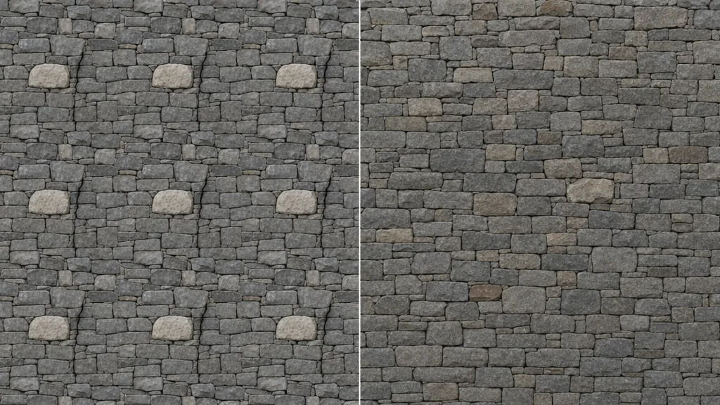 Side-by-side stone wall comparison — left half shows an obvious repeating grid with one distinctive boulder and crack tiling regularly, right half tiles cleanly with natural variation