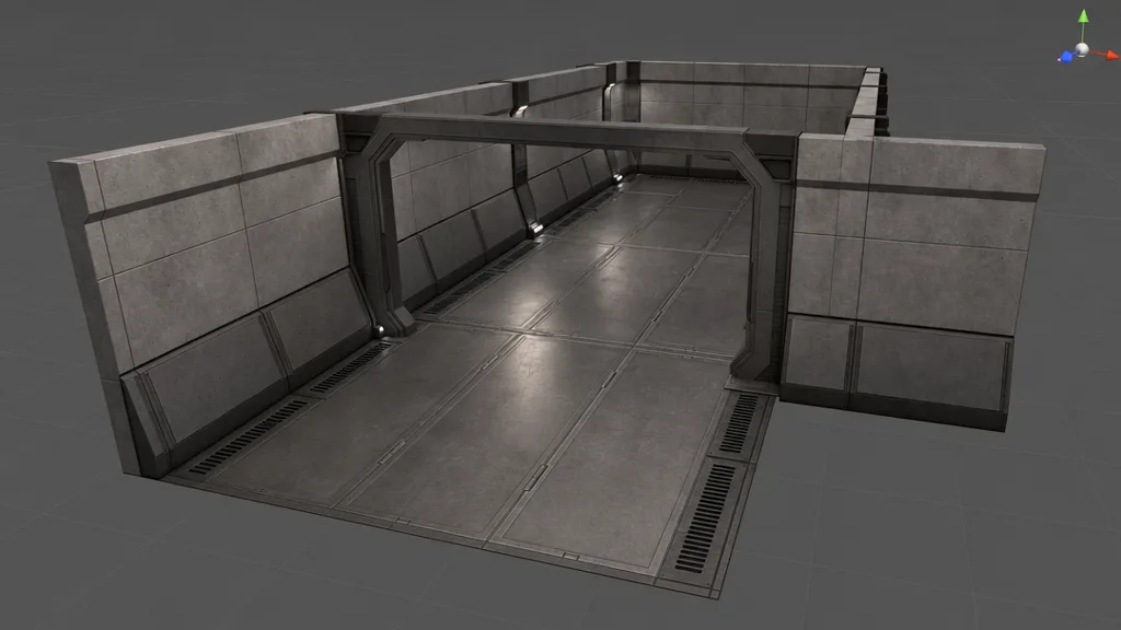 A modular game environment with seamlessly tiled wall and floor materials in a game engine viewport