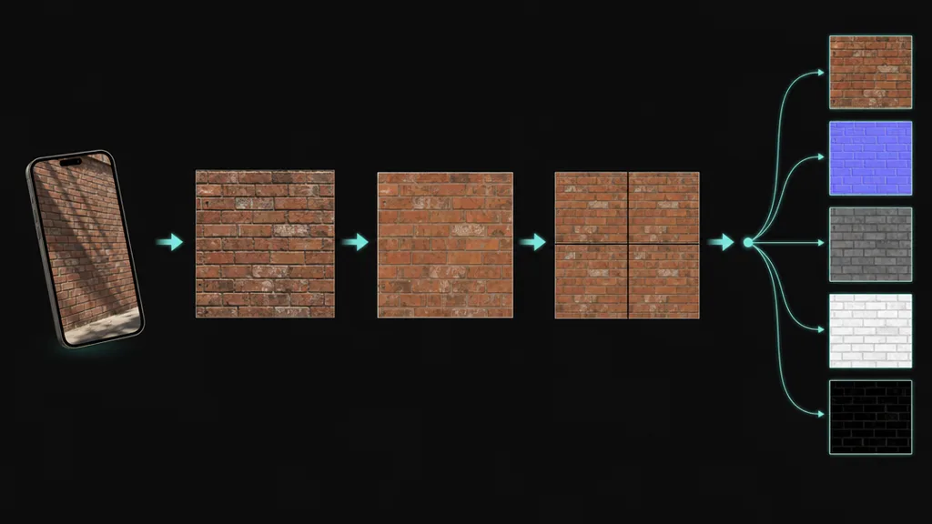 Pipeline diagram showing a phone photo flowing through perspective correction, delighting, seamless synthesis, then PBR map extraction