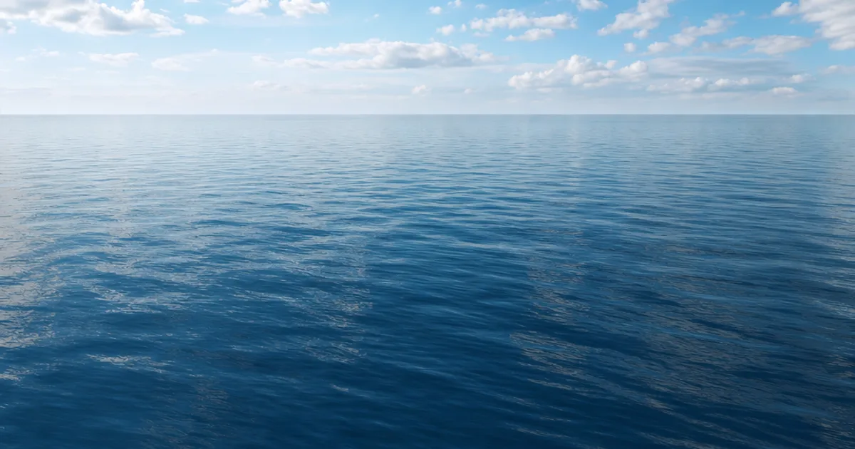 Photorealistic 3D render of a calm ocean surface with gentle tiling ripples reflecting a bright sky, stretching to the horizon with no visible repeating pattern