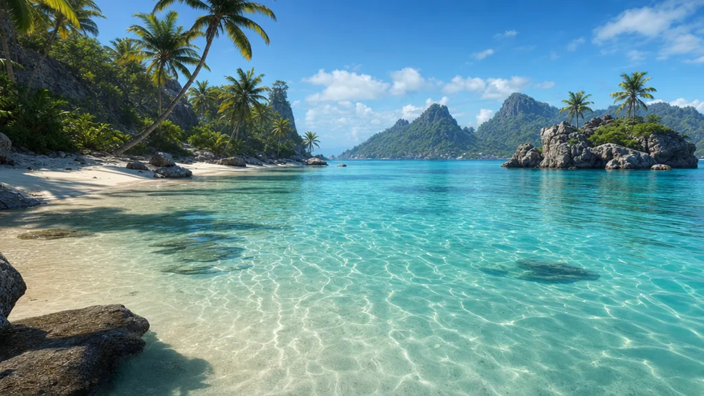 A game environment of a tropical lagoon with clear turquoise water, gentle ripples reflecting the sky, white sand below, and palm trees on the shore