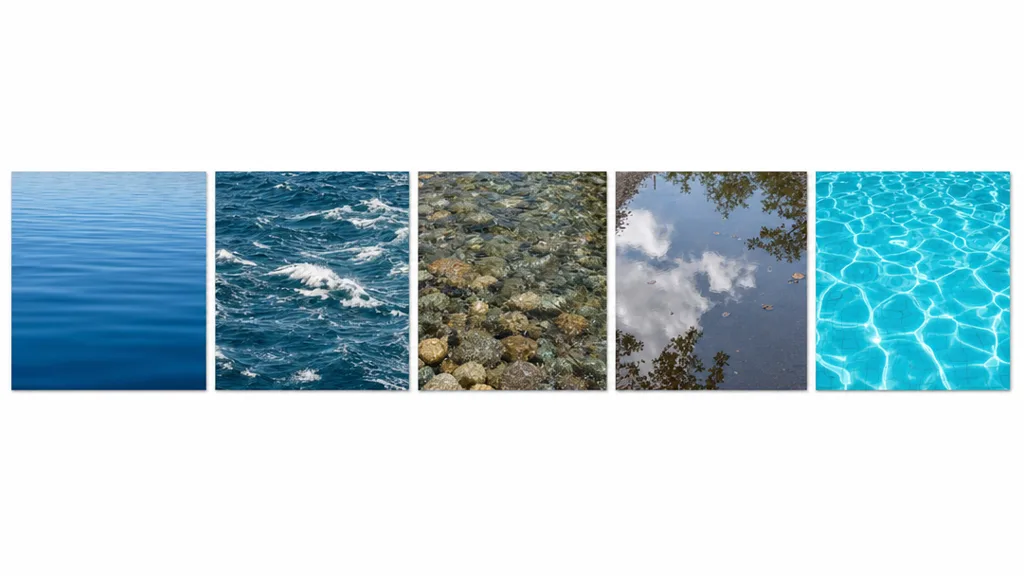 A row of five water surface swatches — calm lake, choppy ocean waves, flowing river, still puddle, and a clear swimming pool