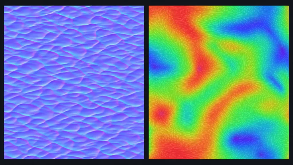 Two tiles side by side — a tileable blue-purple water ripple normal map on the left and a colourful flow map on the right that steers the ripple direction