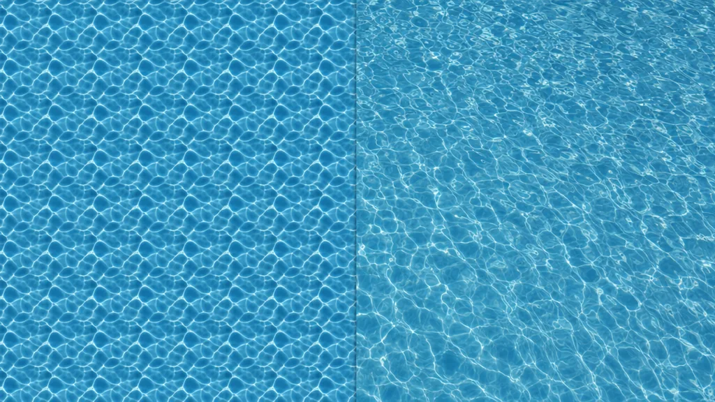 Side-by-side water surface comparison — left half shows an obvious repeating grid of identical ripples tiling regularly, right half tiles cleanly with natural varied ripples