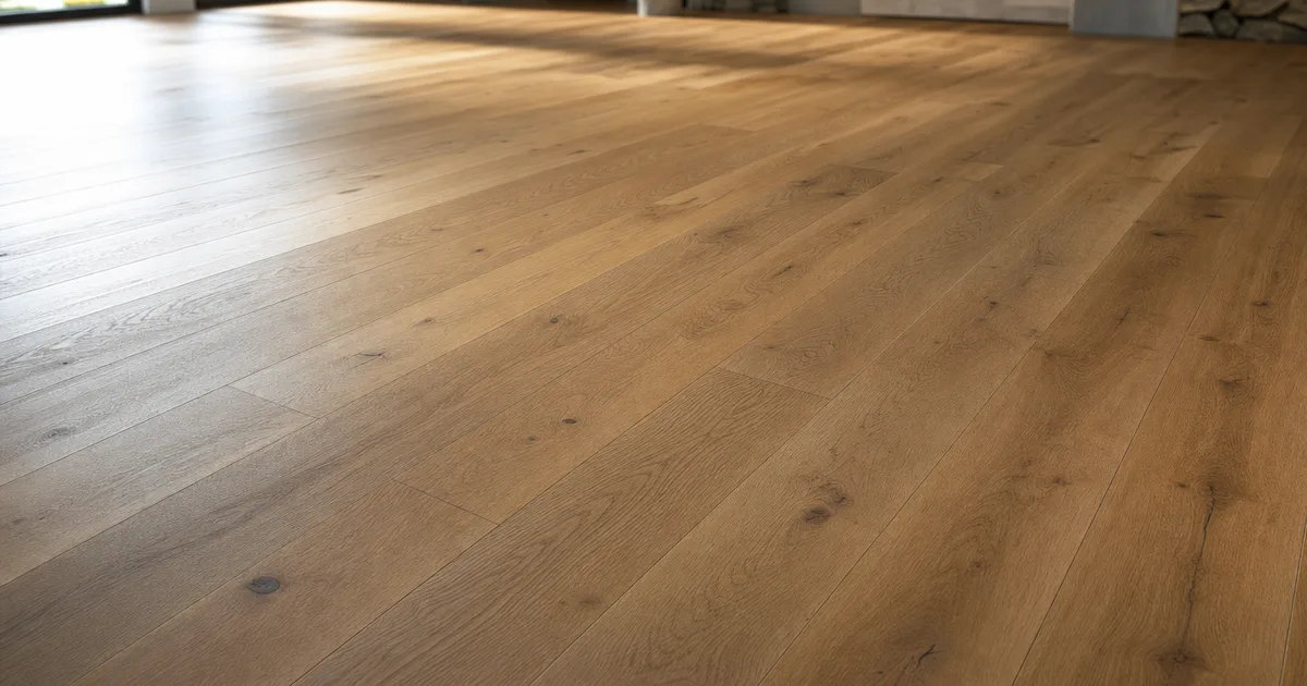 Photorealistic 3D render of an oak plank floor tiled seamlessly across a large interior with raking window light, no visible repeating seams