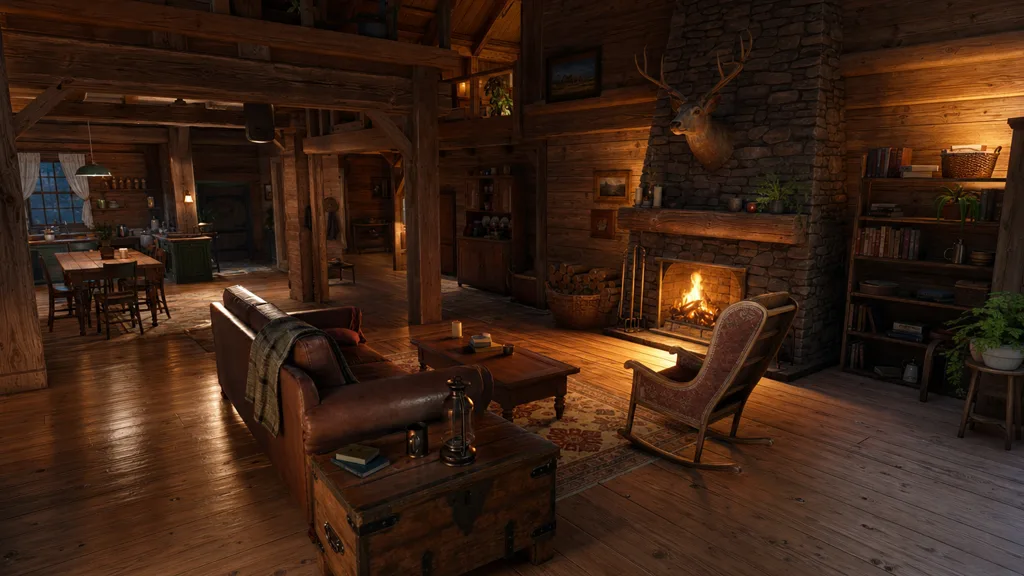 Rustic wooden cabin interior rendered in a real-time engine with a seamless wood plank floor and wood-panelled walls lit by warm firelight
