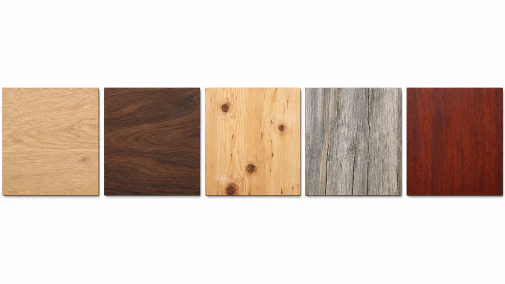 A row of five seamless wood material swatches — light oak, dark walnut, knotty pine, weathered grey barnwood, and rich mahogany — each tiling cleanly