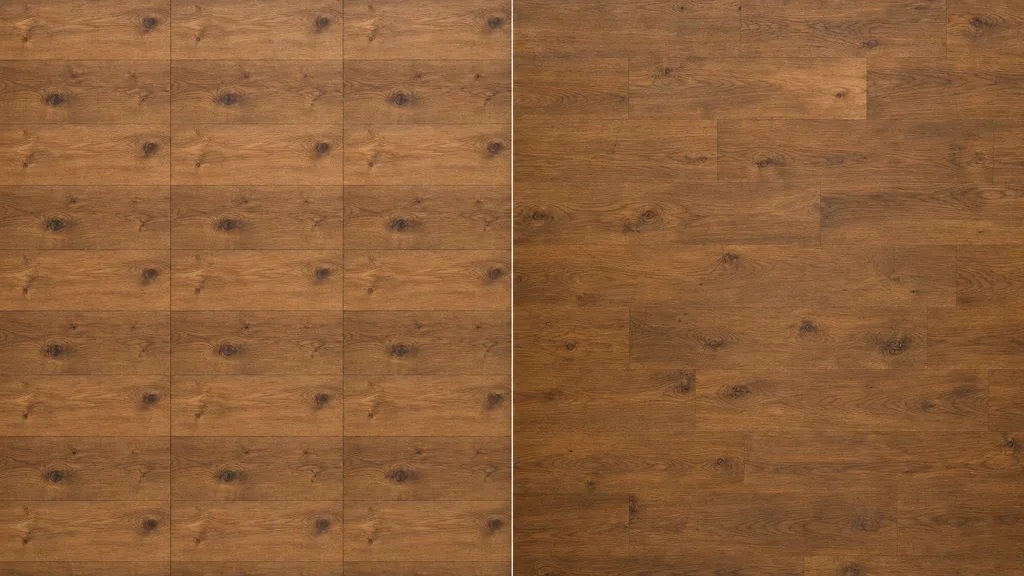 Side-by-side wood surface comparison — left half shows an obvious repeating grid with a knot tiling regularly, right half tiles cleanly with no visible seam
