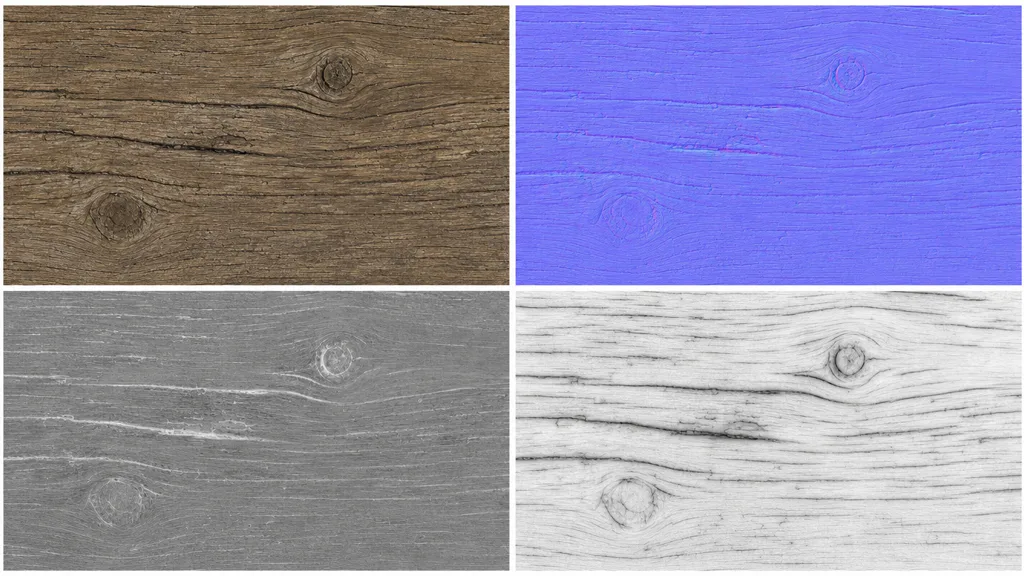 Four PBR texture maps for an oak plank arranged in a grid — brown base colour, purple-blue normal map, greyscale roughness, and ambient occlusion