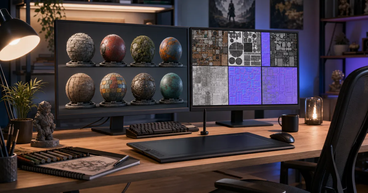 A modern 3D artist workspace with dual monitors showing colorful abstract 3D material previews and texture map sheets, a graphics tablet on the desk under soft studio lighting