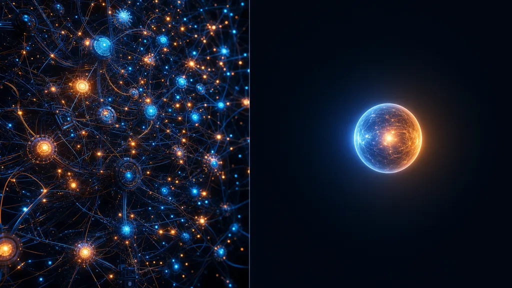 Conceptual split image — left side a dense tangle of glowing connected nodes and wires, right side a single clean glowing orb floating simply, a metaphor for complex versus simple workflows