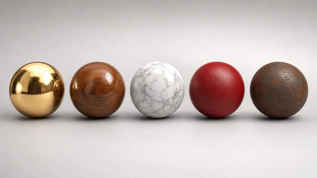 A row of five glossy material preview spheres — polished gold metal, varnished wood, white marble, red brushed leather, and rusted iron — under studio product lighting