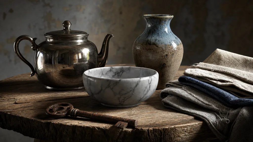 Still-life 3D render showcasing many physically based materials — a polished metal teapot on a rough wooden table, a marble bowl, folded fabric, a rusted iron key, and a ceramic vase under dramatic studio lighting