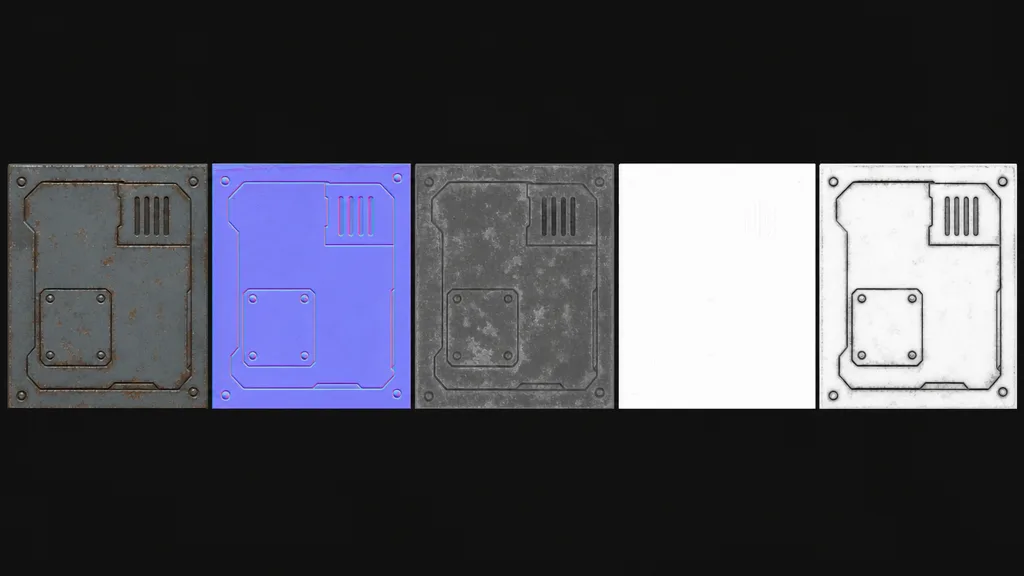 Five PBR texture maps for a weathered metal panel in a horizontal strip — base colour, purple-blue normal, roughness, white metalness, and ambient occlusion