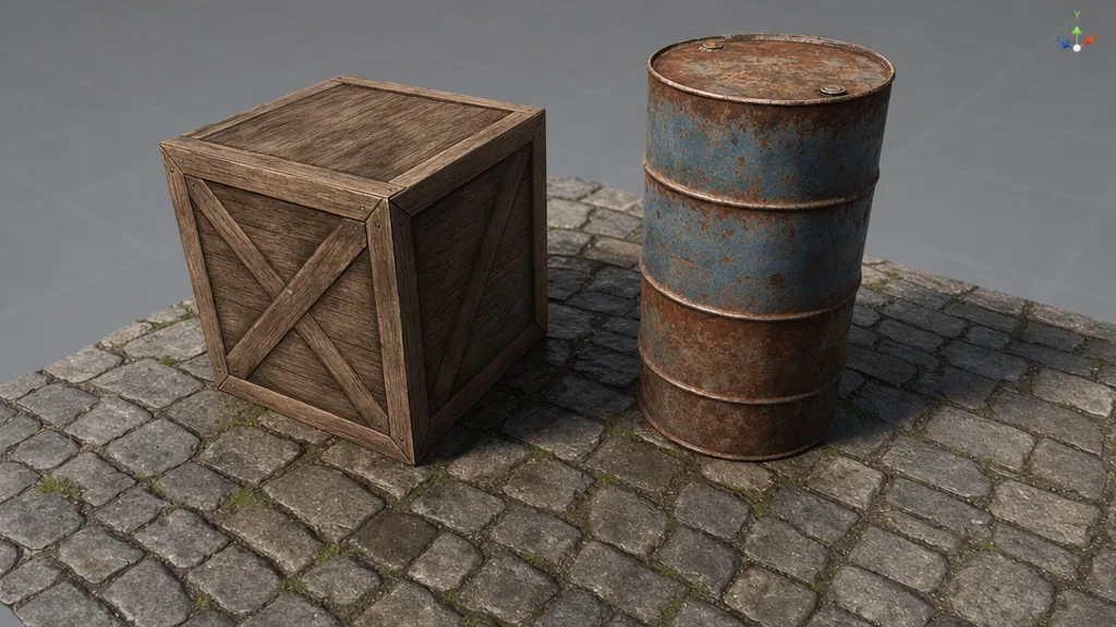 A 3D scene showing AI-generated materials applied to a wooden crate, a metal barrel, and a stone floor across a game engine viewport