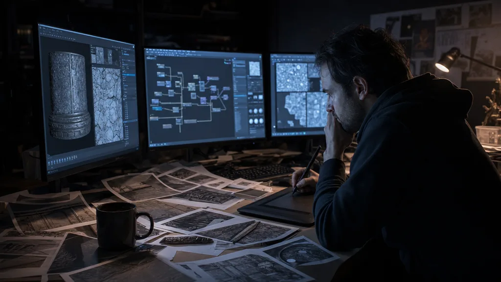 A frustrated 3D artist surrounded by reference photos, a graphics tablet, and multiple monitors showing texture editing software late at night