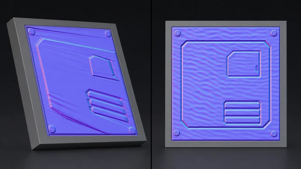 Examples of normal map bake errors — skewed smeared detail on an angled surface and wavy distortion across a flat panel