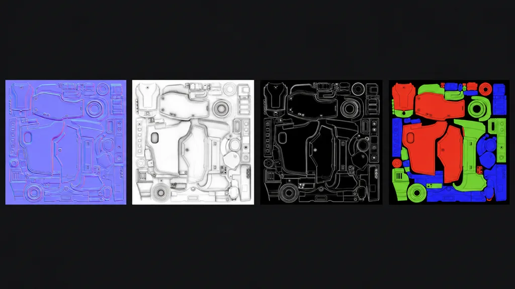 A row of baked maps from the same model — a purple normal map, a grayscale ambient occlusion map, a curvature map, and a coloured material ID map