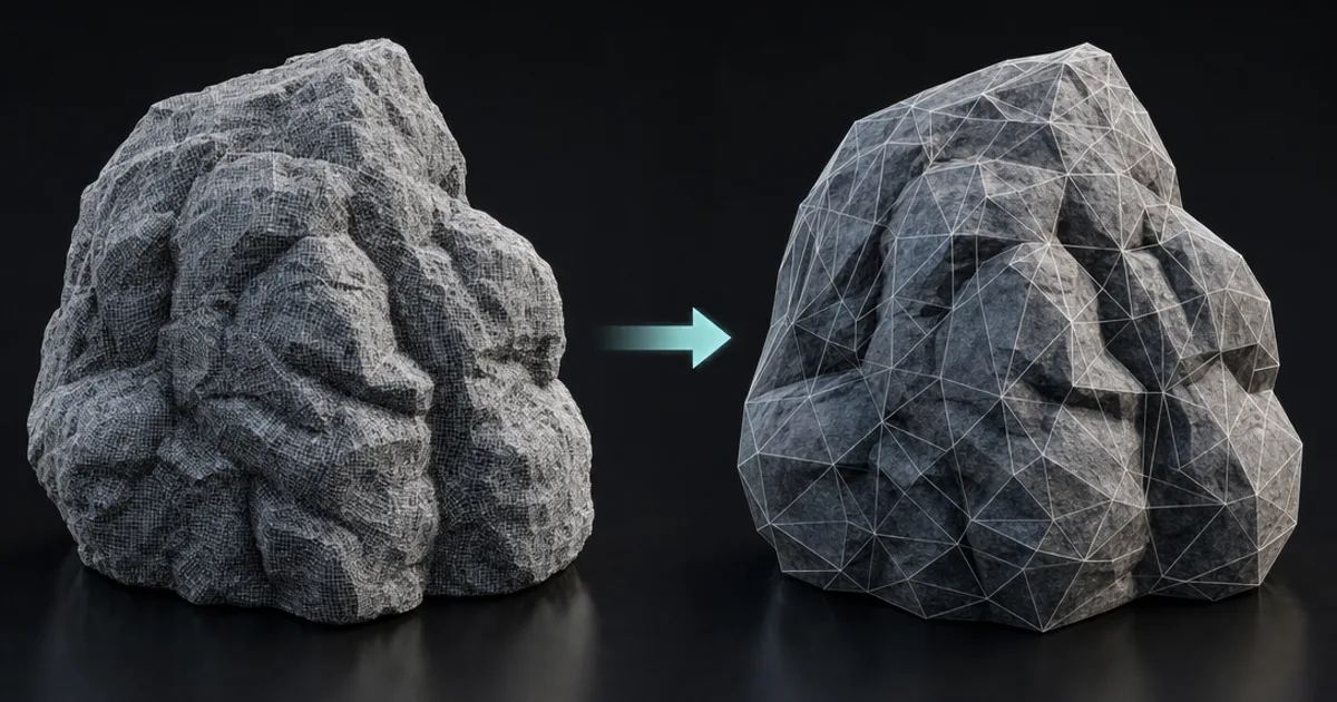 A dense high-poly sculpted rock beside a low-poly version with a baked normal map applied — both looking identical when rendered