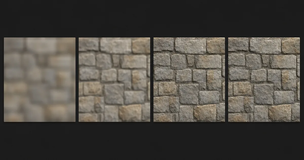The same material rendered at 512, 1K, 2K, and 4K side by side, showing detail sharpening at higher resolutions
