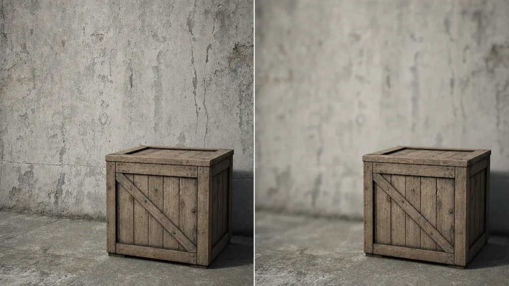 A scene showing consistent texel density — a wall and a crate rendered equally sharp — next to an inconsistent version where one is crisp and one is blurry