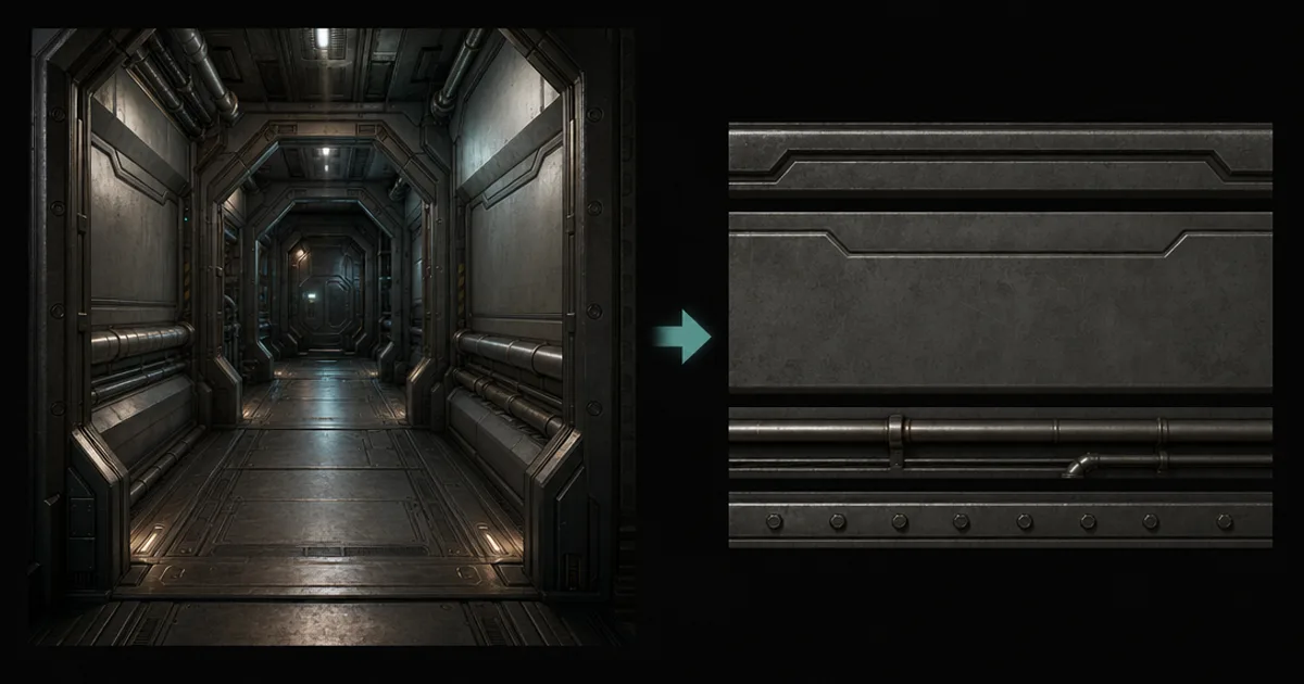 A sci-fi corridor of panels, pipes, and edges on the left, and on the right the single trim sheet texture of horizontal detail strips that skins all of it