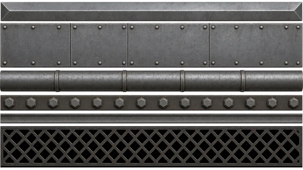 A flat trim sheet texture laid out as labeled horizontal strips — a beveled edge, a wide panel, a pipe, a bolt row, a thin border, and an alpha cutout strip