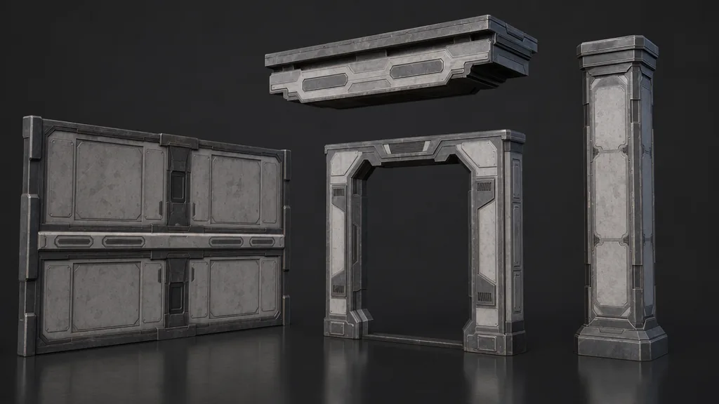 Several different modular 3D pieces — a wall, a beam, a door frame, a pillar — all textured from the same trim sheet strips
