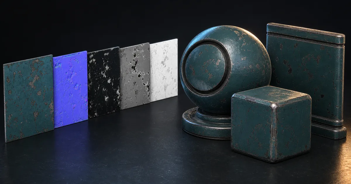 Weathered teal material shown as five texture maps and rendered on a shader ball, cube, and wall panel