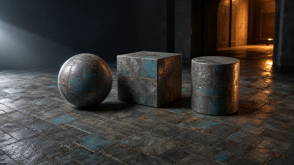 Same tiled metal-and-stone material applied to a sphere, cube, cylinder, and large floor under cool and warm lights
