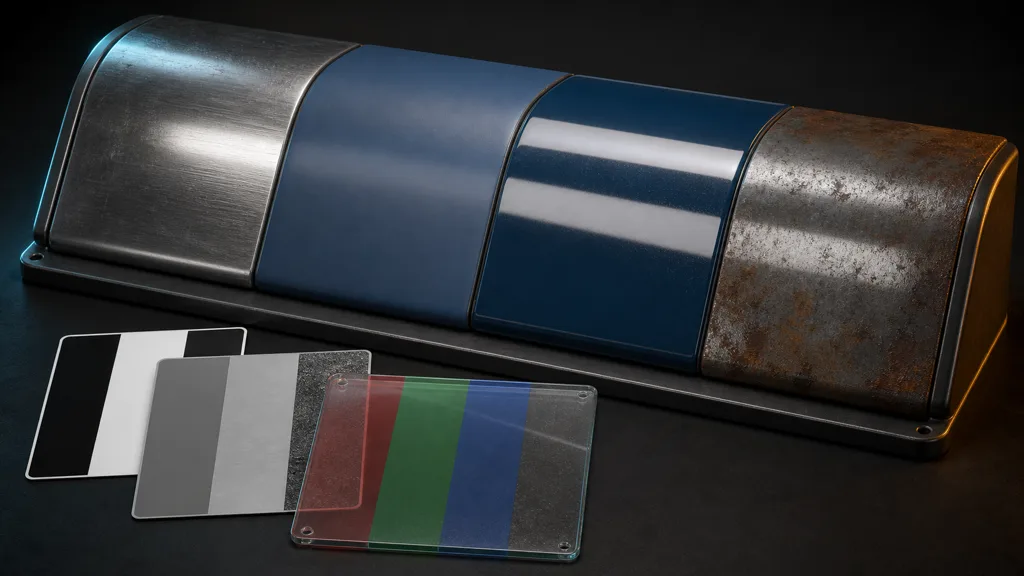 Bare steel, matte paint, glossy paint, and oxidized metal panels above metallic, smoothness, and packed channel cards