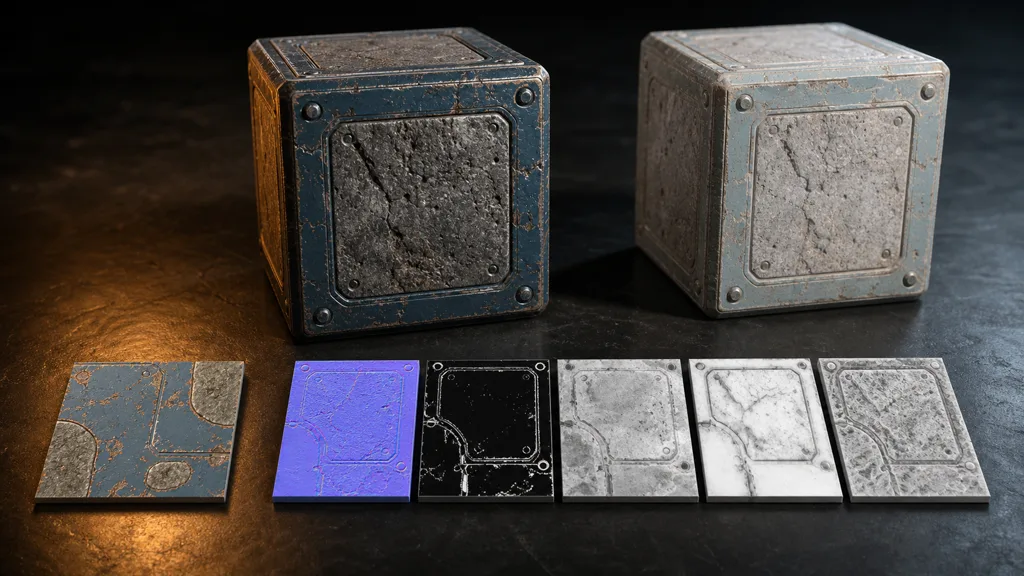 Correct dark material cube and washed-out cube behind aligned base-colour, normal, and grayscale data-map tiles
