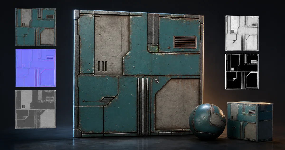 Weathered teal industrial panel surrounded by aligned texture maps and rendered on a sphere and cube