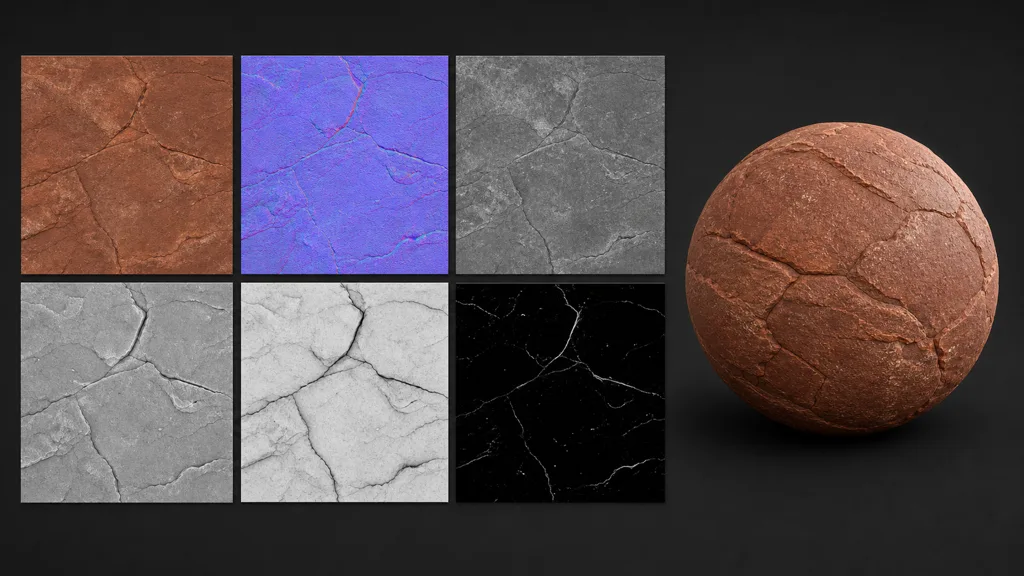 Aligned red sandstone base colour, normal, roughness, height, ambient occlusion and metalness maps beside the rendered material sphere