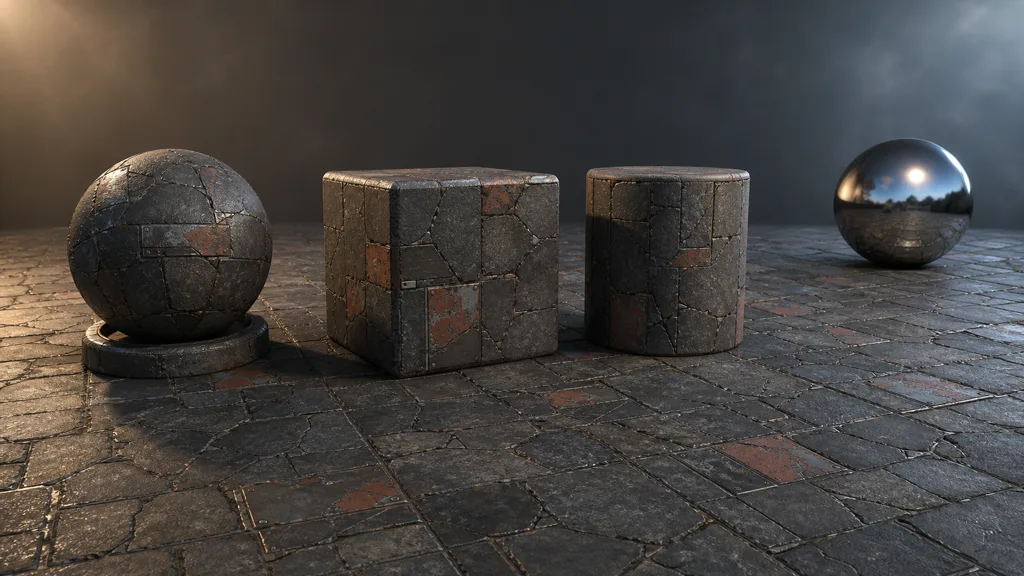 Weathered stone and metal material applied to a sphere, cube, cylinder and tiled floor under warm and cool studio lights